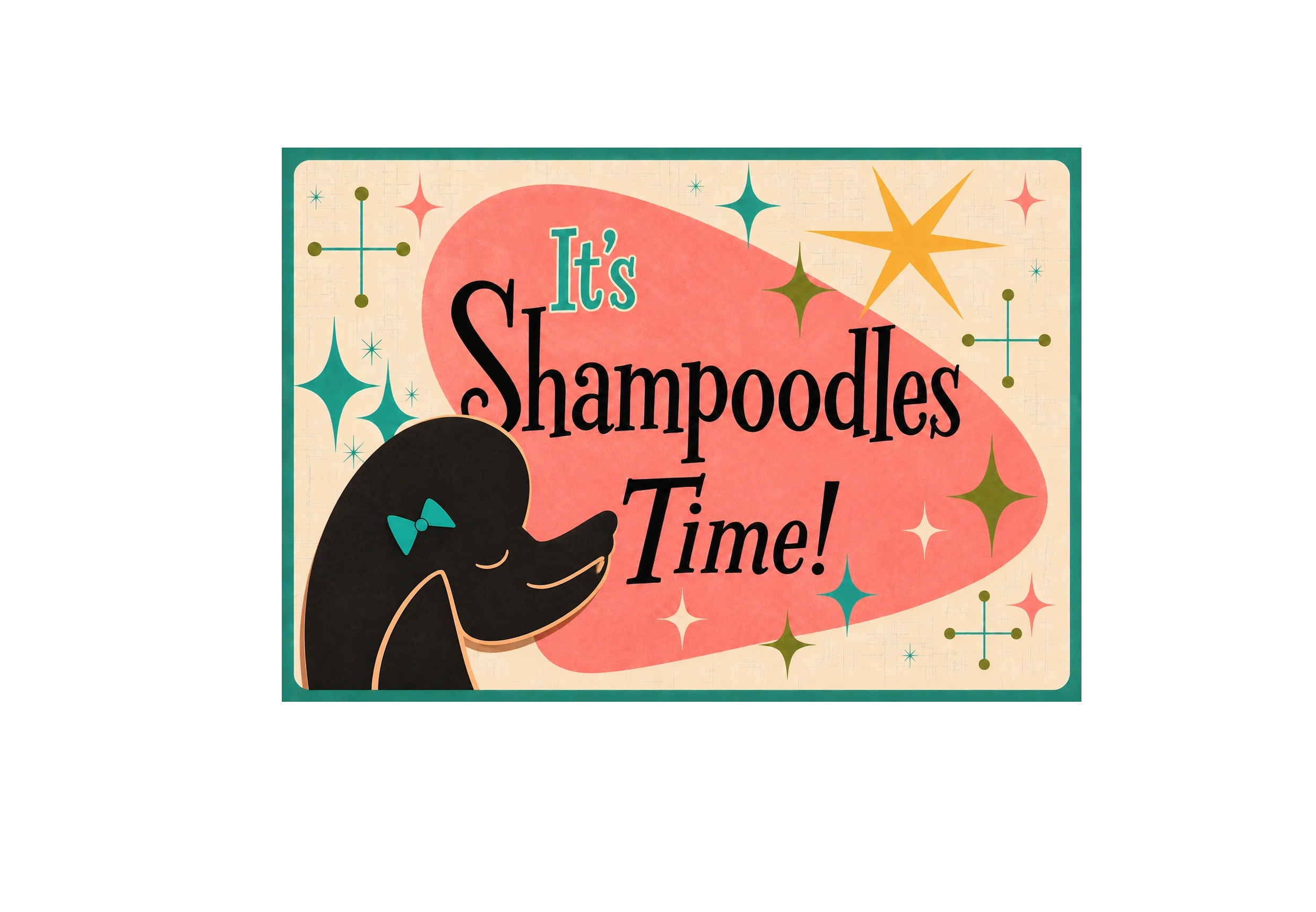 Dachshund illustrated portrait beside a vintage time sign — Shampoodles mobile grooming, Springfield MO